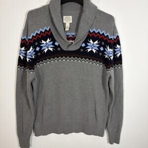 St Johns Bay Men Sweater Shawl Neck Gray Fair Isle Nordic Snowflake Large Cotton